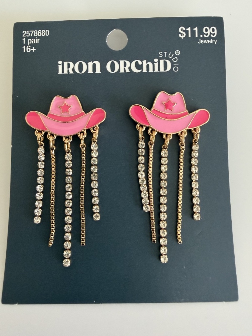 NEW Pink Enamel Cowgirl Hat w/Rhinestone Fringe Strand Pierced Post Earrings